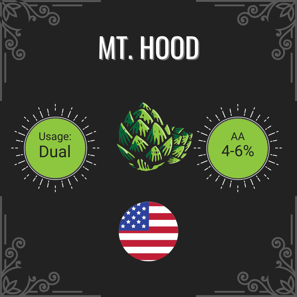 Product label for 'Mt. Hood' with green hops graphic, usage details, and American flag on a black background.