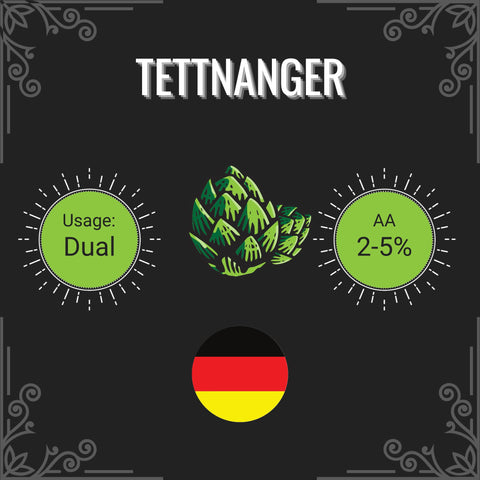 Tettnanger hops label with green hop design, usage, AA percentage, and German flag on a black background.