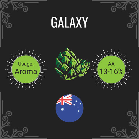 Product label for 'Galaxy' with green hop graphic, usage details, and Australian flag on a black background.