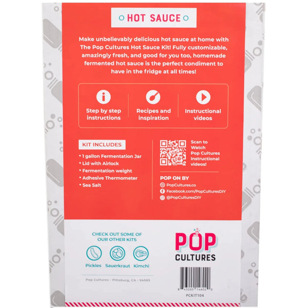 Hot sauce kit packaging with red and white design, featuring text and branding for Pop Cultures.