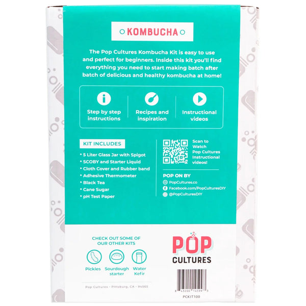 Kombucha kit packaging with teal and white design, featuring Pop Cultures branding.