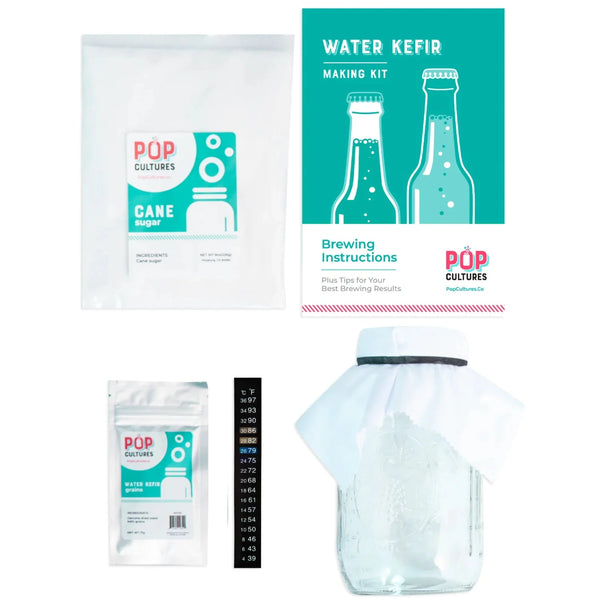 Water kefir making kit with quart glass jar,  cane sugar, water kefir grains (culture), and brewing instructions on a white background.