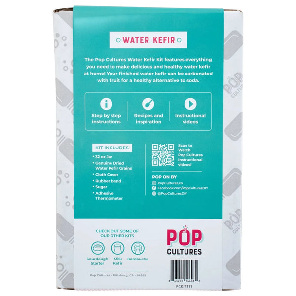 Back of a Water Kefir kit packaging by Pop Cultures with text and graphics.