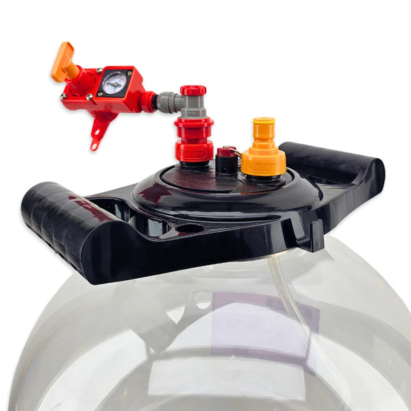 FermZilla Easy-Grip lid with black handles, red BlowTie spunding valve and gauge, and yellow carbonation cap