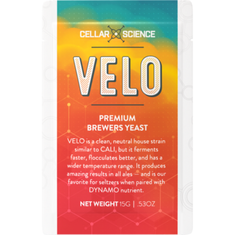 VELO yeast sachet, red to teal gradient, white block lettering