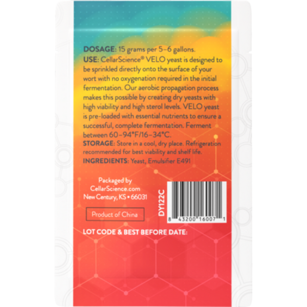 VELO yeast sachet, red to teal gradient, black text