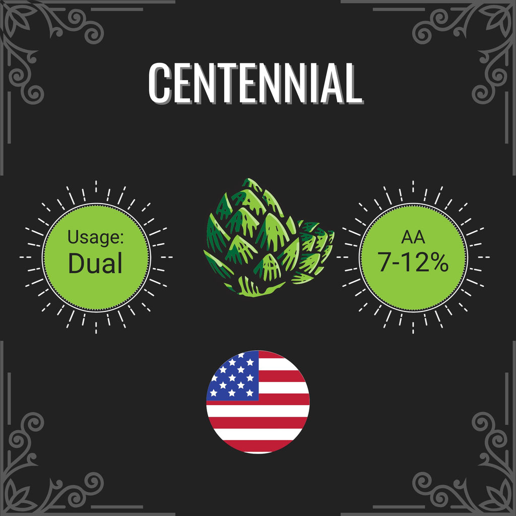 Product label with 'Centennial' branding, green hop illustration, and American flag on a black background.