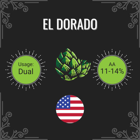 El Dorado hops product label with green hops graphic, usage details, and American flag on a black background.