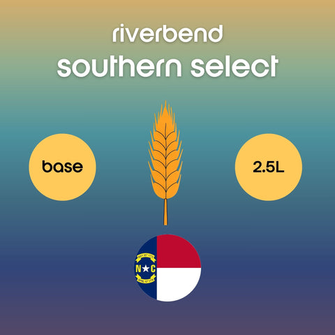 Riverbend Southern Select label with wheat stalk, volume indicator, and North Carolina state flag on a gradient background.
