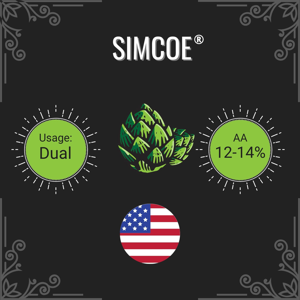 Simcoe hops strain information with green hops graphic, usage details, and American flag on a black background.