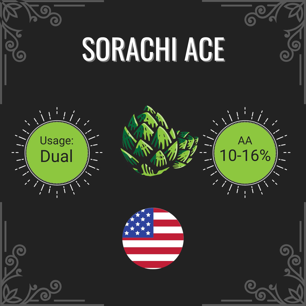 Sorachi Ace label with hop illustration, usage details, and American flag on a black background.