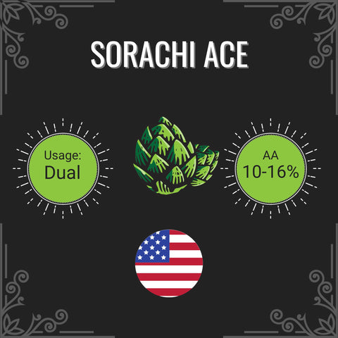 Sorachi Ace label with hop illustration, usage details, and American flag on a black background.