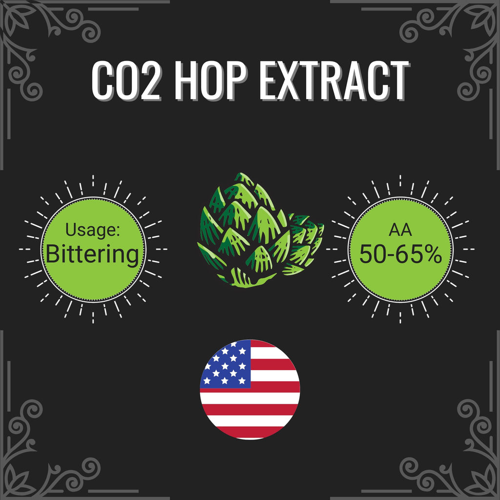 CO2 hop extract information with hop illustration, usage, AA percentage, and American flag on a black background.