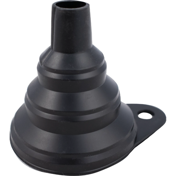 Black collapsible silicone funnel with accordion folds, a narrow spout, and a hanging tab