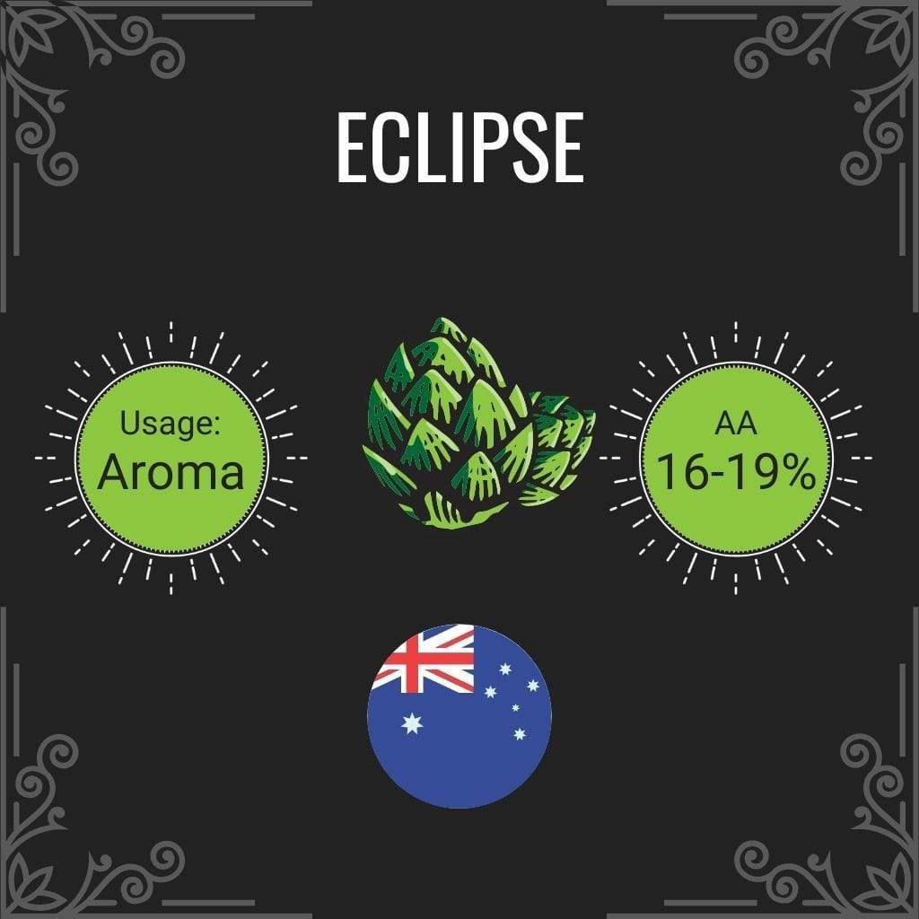 Product label for 'Eclipse' with green hop graphic, usage description, AA percentage, and Australian flag on a black background.