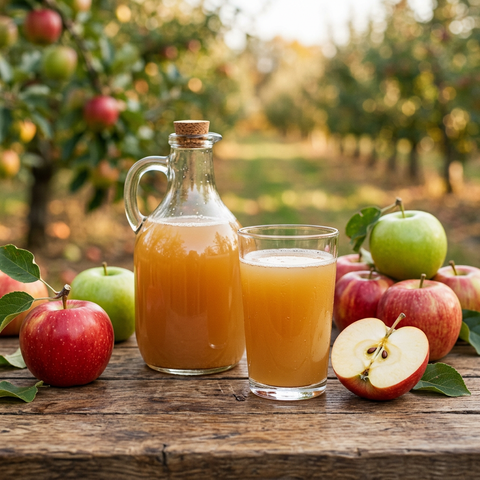 A jug and glass of fresh-pressed apple cider surrounded by apples in an orchard.