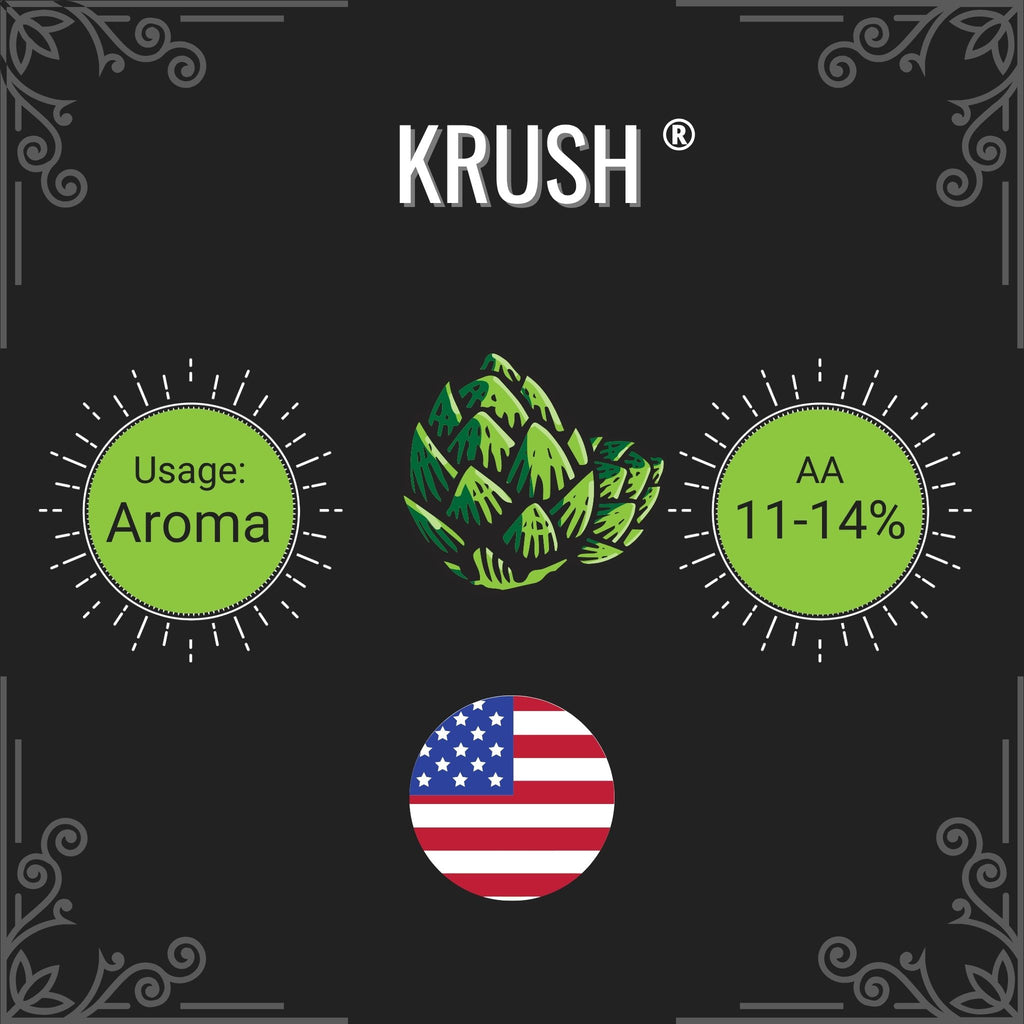 KRUSH product label with green hop illustration, usage details, and American flag on a black background