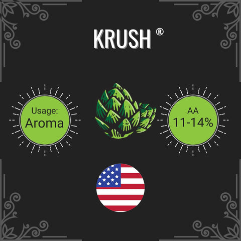 KRUSH product label with green hop illustration, usage details, and American flag on a black background