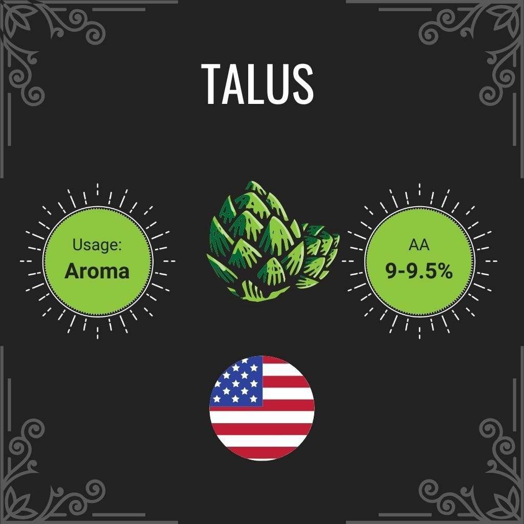 Talus product information with green hop illustration and USA flag on a black background