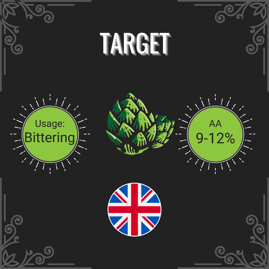 Target hops label with green hop illustration, usage description, and AA percentage on a black background.